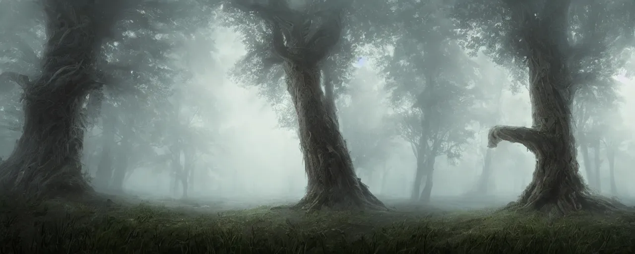 Prompt: a painting of a tree in a foggy forest, a detailed matte painting by senior environment artist, cgsociety, fantasy art, cryengine, matte painting, volumetric lighting