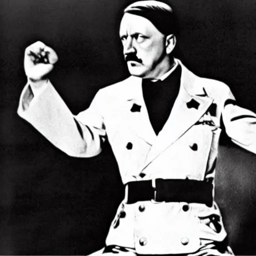 Image similar to A movie still of Hitler wearing a disco suit in Satuday Night Fever