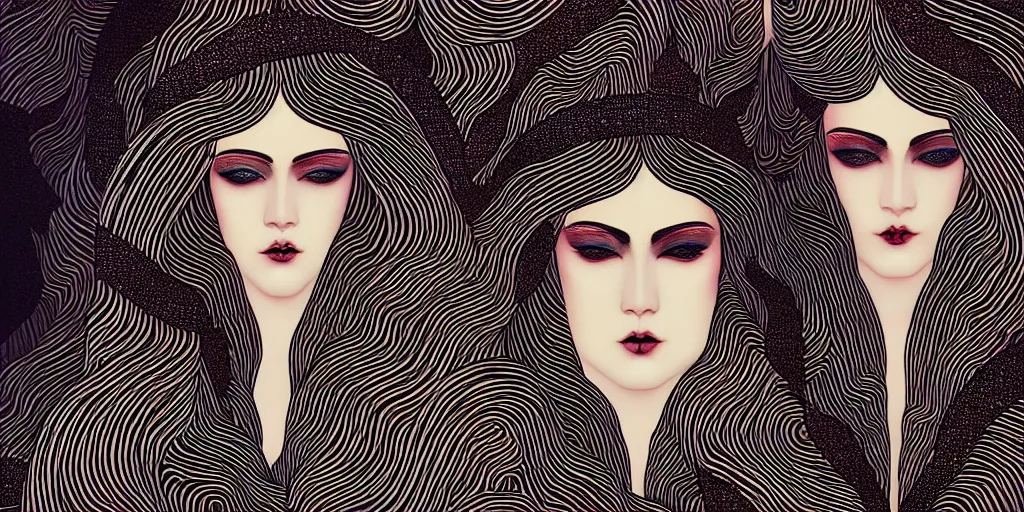 Image similar to breathtaking detailed concept art painting art deco pattern of goth twin faces goddesses amalgamation symmetric, by hsiao - ron cheng, bizarre compositions, exquisite detail, extremely moody lighting, 8 k