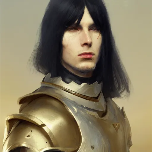 Prompt: character design, portrait of a attractive male with pale skin, long black hair and proeminent cheekbones, medieval, armor, painting by wlop, nixeu and greg rutkowski, beautiful, semirealism, artstation, octane render, sharpness, 8 k, golden ratio