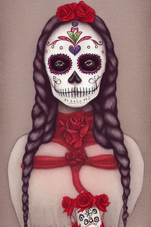 Prompt: Illustration of a sugar skull day of the dead girl, art by quint buchholz