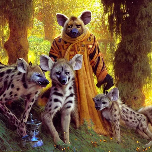 Prompt: a forest with a female hyena hyenawoman canine in wizard robes. zootopia fursona furaffinity furry art detailed face painting by gaston bussiere craig mullins jc leyendecker gustav klimt artgerm greg rutkowski furry