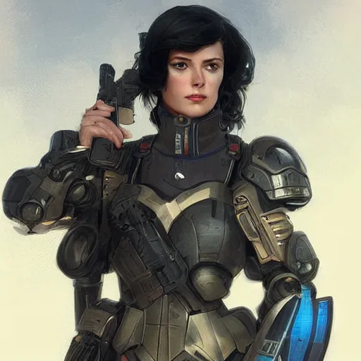 Image similar to woman dressed in scifi military uniform and armor with black hair and blue eyes, elegant, digital illustration, detailed, intricate, sharp focus, digital painting, deep focus, digital painting, artstation, concept art, matte, art by artgerm and greg rutkowski and alphonse mucha