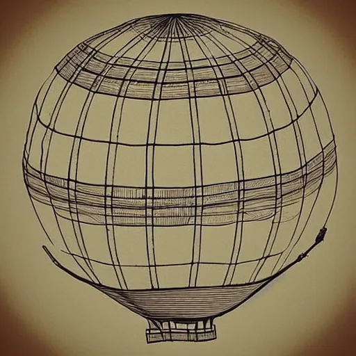 Image similar to “an old technical drawing of a hot air balloon between clouds, the balloon fabric is made of a round spherical world map of the earth. sepia. The basket is woven of wood.”