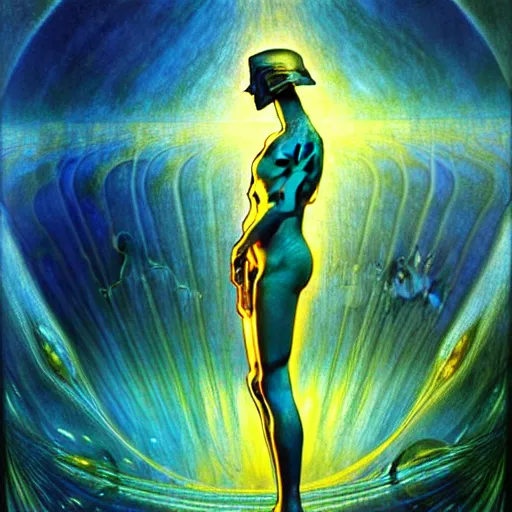 Image similar to realistic extremely detailed portrait painting of a glowing silhouette, futuristic sci-fi landscape on background by Jean Delville, Amano, Yves Tanguy, Alphonse Mucha, Ernst Haeckel, Edward Robert Hughes, Roger Dean, rich moody colours, blue eyes