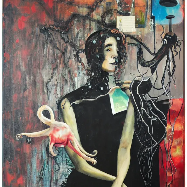 Image similar to a portrait in a dark apartment, a widow holding an octopus, streetlamps, wet, puddles, wild berries, rats, ikebana, neo - expressionism, surrealism, acrylic and spray paint and oilstick on canvas