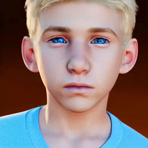 Image similar to a detailed portrait of boy with blonde hair and blue eyes, unreal engine 5 rendered, incredibly highly detailed and realistic, 8 k, sharp focus, studio quality