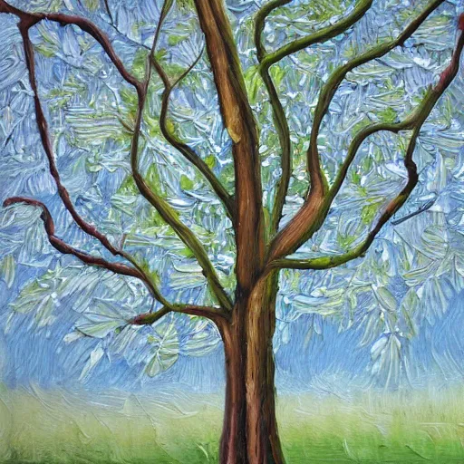 Prompt: a painting of a tree with lots of leaves, an ultrafine detailed painting by rachel reckitt, featured on dribble, metaphysical painting, oil on canvas, acrylic art, detailed painting