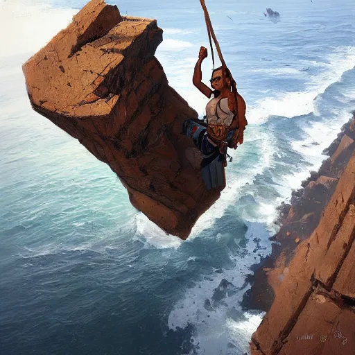 Prompt: adventurer hanging off a rocky cliff holding on by one hand, top down view by Greg Rutkowski by James Gurney