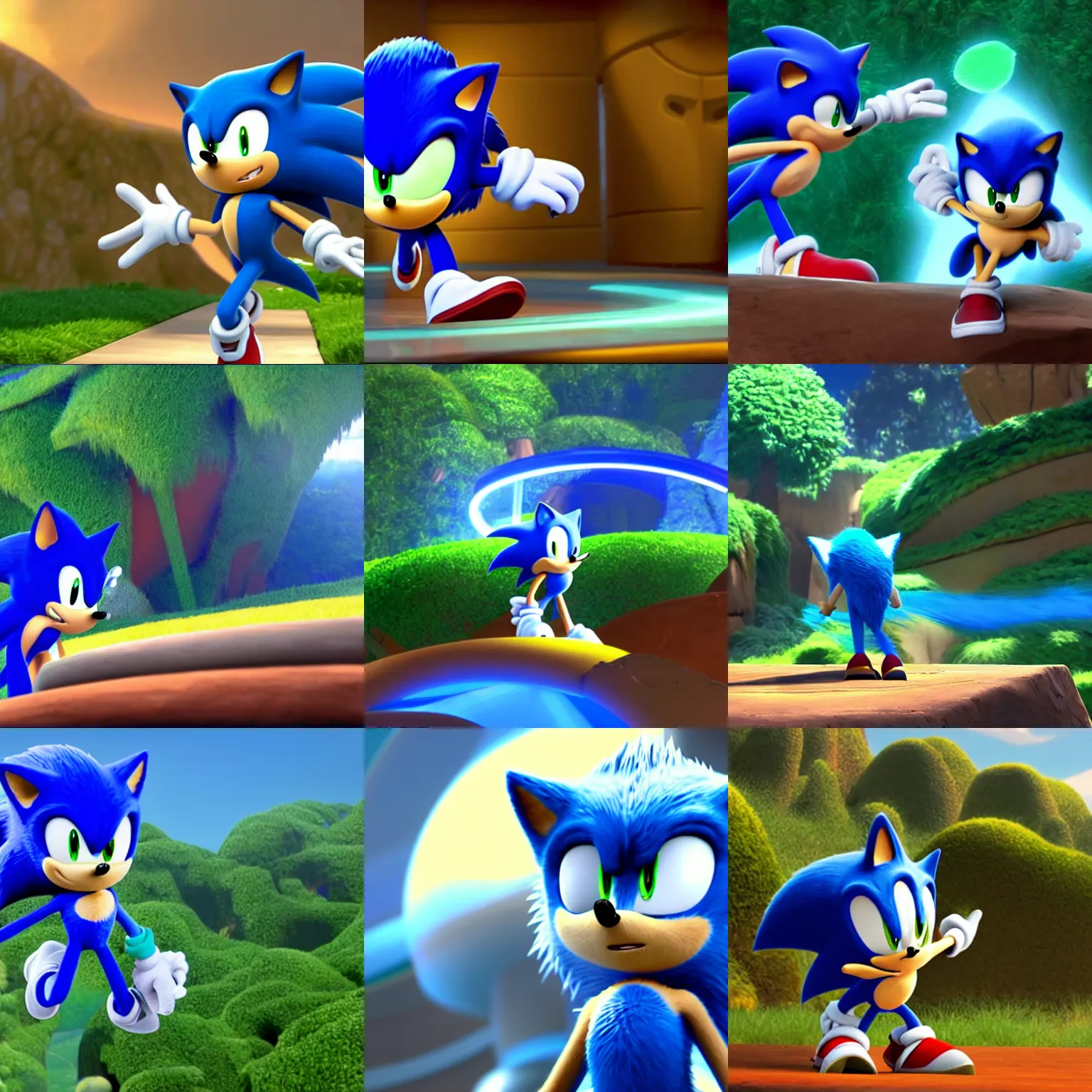 Prompt: Sonic the Hedgehog in a Disney Pixar animated movie, Dreamworks, backlit rim light, fill light, blue fur, stylized, green hill zone made by Pixar, unreal engine