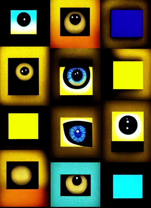 Image similar to grid montage of eyes with cube deformation, square shaped black dilated pupils cubes, cube shaped irises, detailed colored textures, lashes, advanced art, art styles mix, wet reflections in square eyes, sunshine light, hd macro photograph, from side, various cube eyelid positions