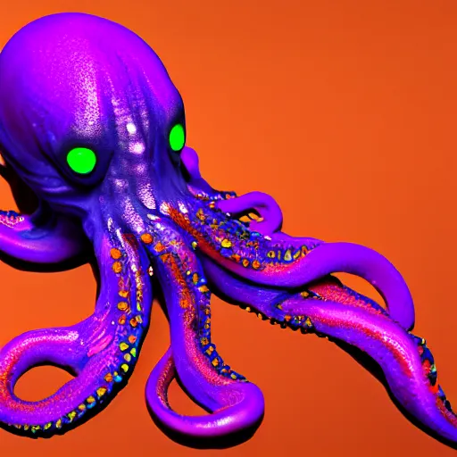 Image similar to a photo of 8k ultra realistic evil purple squid, full body, intricate purple and blue tentacles, ornate