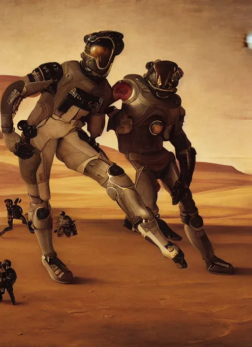 Image similar to a soccer match on mars by edgar maxence and caravaggio and michael whelan and delacroix style, artistic, intricate painting, cinematic lighting, hyper realistic, extremely detailed, establishing shot, 8 k resolution, dramatic lighting