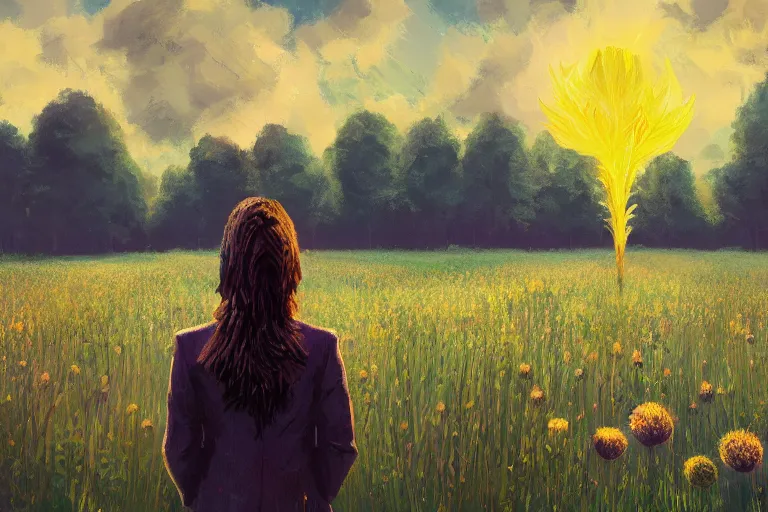 Image similar to giant thistle head, girl in suit in field of flowers, surreal photography, sunrise, blue sky, dramatic light, impressionist painting, digital painting, artstation, simon stalenhag