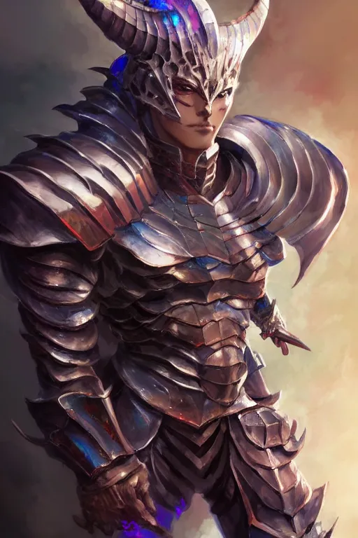 Image similar to Full body character concept art of an anime draconian warrior knight, iridescent scales, cool face, muscular, by Stanley Artgerm Lau, WLOP, Rossdraws, James Jean, Andrei Riabovitchev, Marc Simonetti, and Sakimichan, tranding on artstation