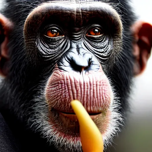 Image similar to a high detail shot of a chimp wearing a suit and smoking