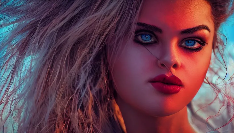 Image similar to piercing eyes and lips with a colorful background, cinematic lighting, establishing shot