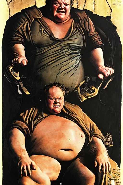 Image similar to dynamic upper body portrait of ray winstone as baron harkonnen in 1982 movie dune, by norman rockwell and boris vallejo