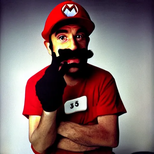 Image similar to Super Mario, 35mm, age, candid portrait photo by annie leibovitz