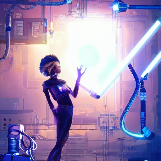 Image similar to a black girl fixing a robot, in the nature, mixing solarpunk, afropunk and cyberpunk technology and aesthetic ( ( ( ( volumetric light ) ) ) ), high angle, part by pearl fryar, part by prince damah, sunny day, trending on artstation, high detailed, cinematic view, illustration, painting.