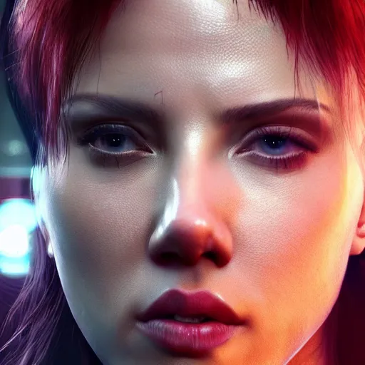 Image similar to scarlett johansson Cyberpunk 2077. CP2077. 3840 x 2160