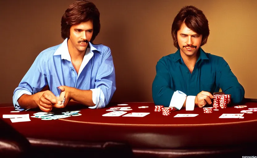 Image similar to color photo of a photomodel handsome man playing poker. las vegas. 8 0's style