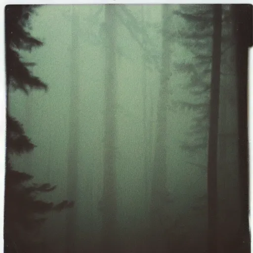 Prompt: a massive monolith in a forest clearing reaching into the fog, night, old polaroid, expired film, megalophobia,