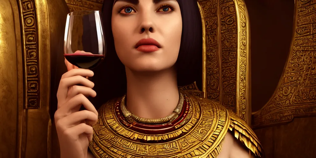 Prompt: detailed portrait of Cleopatra drinking wine on her throne, hyper-realistic, Unreal Engine, Octane Render, digital art, trending on Artstation, 8k, detailed, atmospheric, immaculate