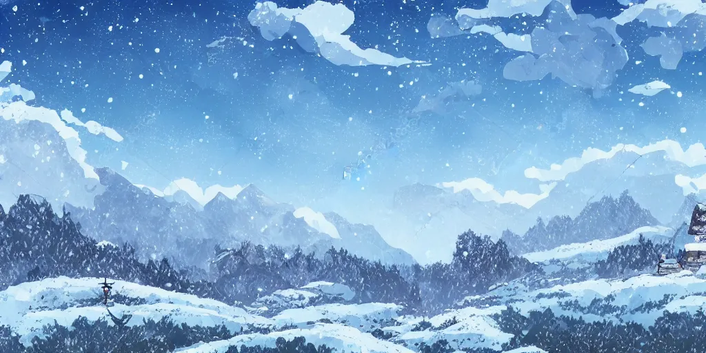 Prompt: snowy landscape, wide shot, mountains, epic composition, Studio Ghibli style