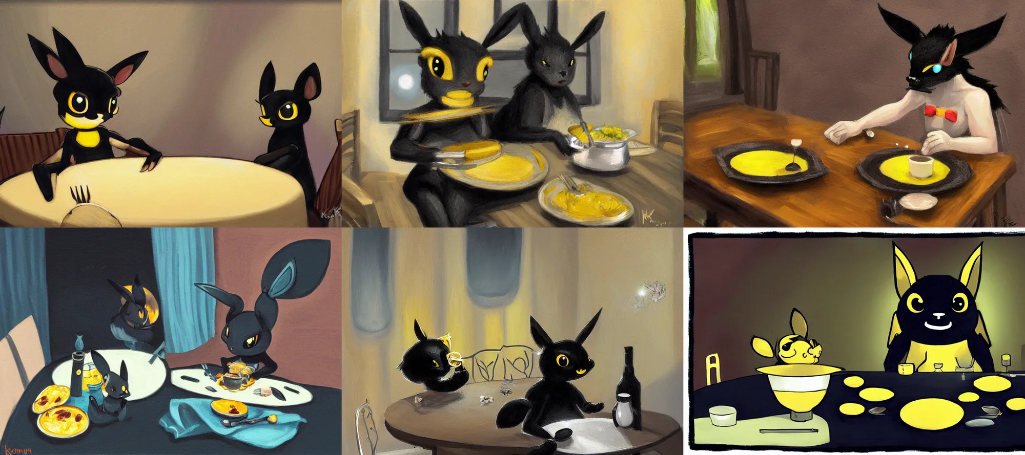 Prompt: an umbreon wearing a tank top eating dinner at a table in the backrooms happiness is temporary by kan liu