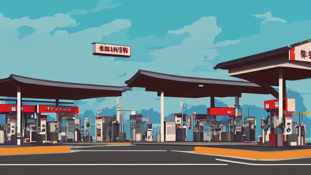 Image similar to Explosion at the gas station, flat design, screen print by Kawase Hasui and dan hillier, 8k unreal engine