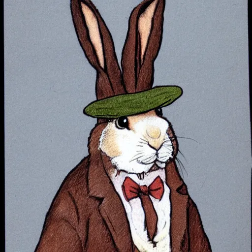 Prompt: a rabbit wearing a deerstalker hat and a brown coat, in the style of carl larsson