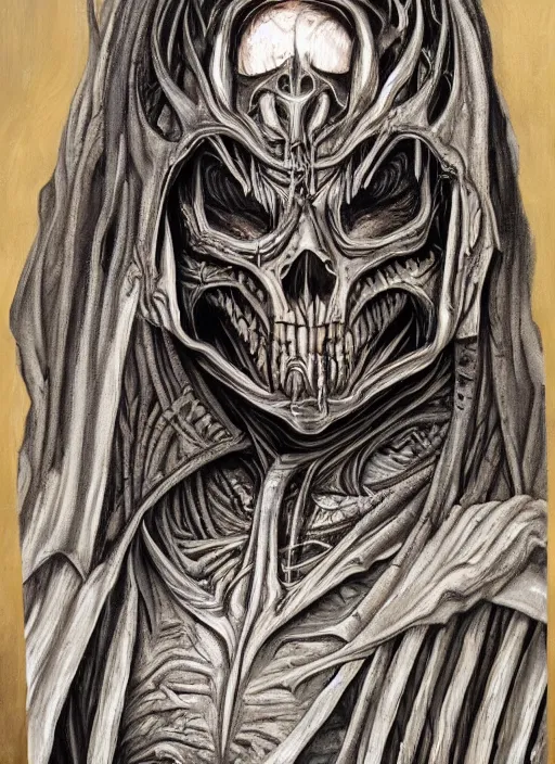 Image similar to orlando bloom, necronom v, painting by h. r. giger