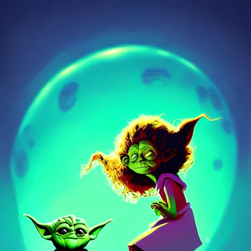 Image similar to curled perspective digital art of curly brown hair girl playing ball with yoda by anton fadeev from nightmare before christmas