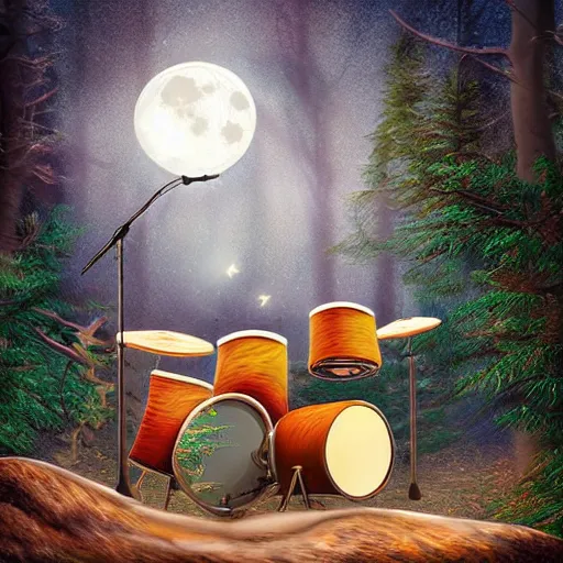 Prompt: mouse playing drums, fantasy forrest background, moonlight, digital art, detailed, medium shoot