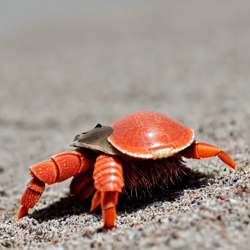 Prompt: Detailed 4k photo of a Hermit crab sporting a curly mustache, on the beach, afternoon