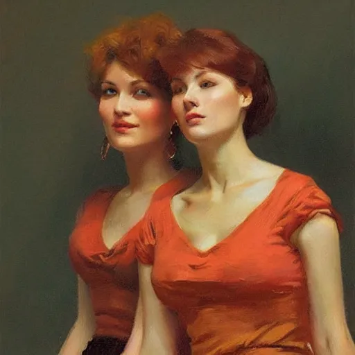 Image similar to two beautiful women in love, leaning in, vertical symmetry, warm colors, vintage shading, by Ilya Repin, artstation