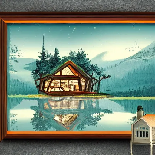 Image similar to small sci - fi cottage at the edge of a lake in the mountains, retro illustration on parchment, soft glowing windows, early evening, reflections, pine trees,