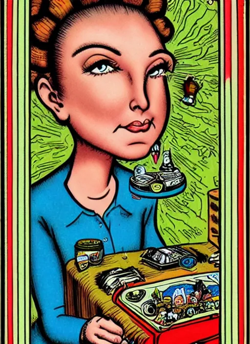 Prompt: portrait of a beautiful woman by basil wolverton and robert crumb in the style of a garbage pail kids card, tarot card, play - doh