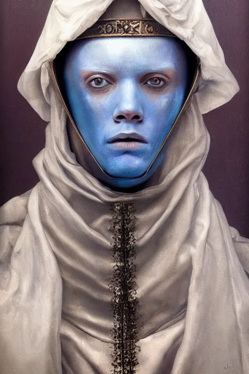 Image similar to hyperrealism oil painting, close - up portrait of albino medieval fashion model, knight, steel gradient mixed with nebula sky, in style of baroque