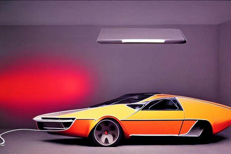 Image similar to designed by giorgetto giugiaro stylized poster of a single 1 9 6 9 amc amx / 3 citroen ds bmw m 1 concept, thick neon lights, ektachrome photograph, volumetric lighting, f 8 aperture, cinematic eastman 5 3 8 4 film