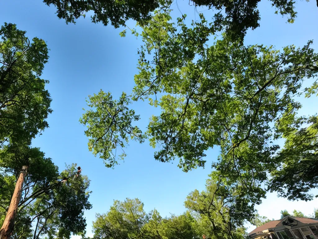 Prompt: being on a trampoline, point of view, tilted horizon, seeing suburban neighborhood everywhere around