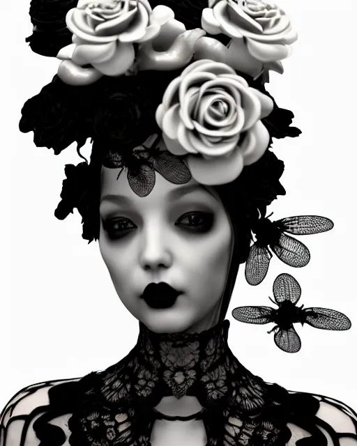 Prompt: dreamy surreal poetic black and white 3D render of a beautiful young porcelain female-creature-cyborg-vegetal with a very long neck and a super big gothic lace collar filled with dead flies and a very high big floral crown with many black dry roses:: smoke, high fashion, haute couture, rococo, avant-garde, elegant, dreamy, hyper realistic, 150 mm lens, avatar Second Life, Anouk A., soft rim light, octane render, unreal engine, volumetric lighting, dramatic light,8k,