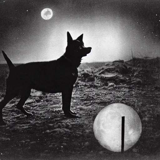 Prompt: an early 1 9 0 0 s photograph of a black dog marked by an extraterrestrial sigil, moonlight, nighttime,