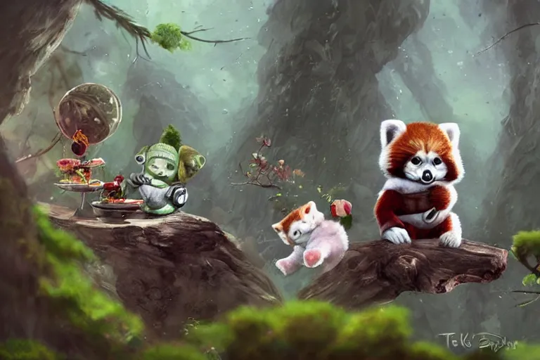 Image similar to an extremely cute (red panda), and the adorable (baby-yoda), sitting on a lichen covered ancient bolder and sing songs and have a tea party, in the far background a hazy outline up in the sky of Darth Vader's TIE fighter, mischievous, inquisitive, devious, hilarious, funny, by Tyler Edlin