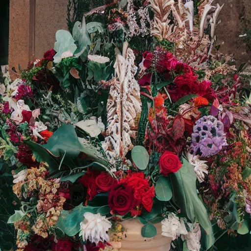 Image similar to Human flesh, bones and rusted metal arranged inside a flower vase