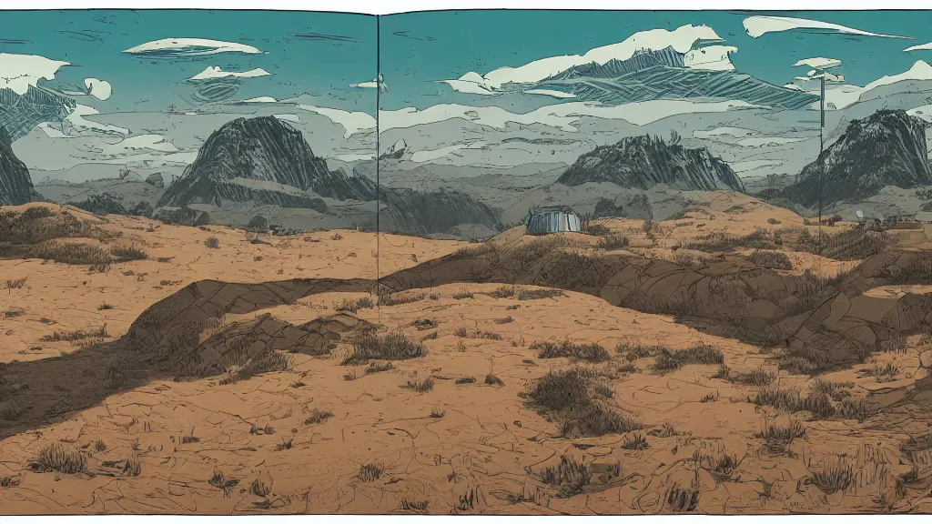 Image similar to very detailed, prophet graphic novel, ilya kuvshinov, mcbess, rutkowski, simon roy, illustration of a plateau with a bunker built into it, wide shot, colorful, deep shadows, astrophotography