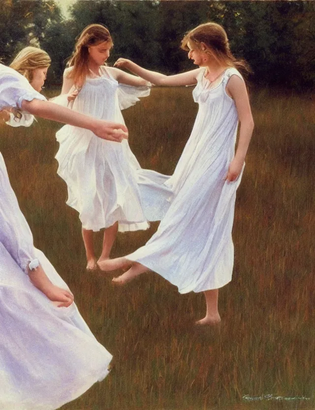 Prompt: Girls in a round dance, in white dresses, dancing in a circle, Cottage core, Cinematic focus, Polaroid photo, vintage, neutral colors, soft lights, foggy, by Steve Hanks, by Serov Valentin, by lisa yuskavage, by Andrei Tarkovsky, by Terrence Malick, 8k render, detailed, oil on canvas, High angle view, wide shot