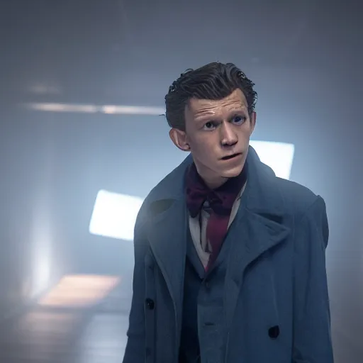 Image similar to tom holland as a rough dirty old man with a scruffy beard in a dark blue trenchcoat as the new doctor who, cinematic, volumetric lighting, f 8 aperture, cinematic eastman 5 3 8 4 film, photorealistic