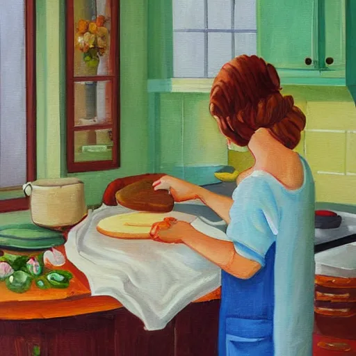 Prompt: a homey cozy painting of a mother baking in her kitchen